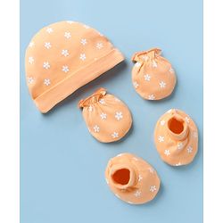 Babyhug 100% Cotton Interlock Knit Cap, Mitten & Booties with Floral Print Light Orange - Diameter 15 cm
