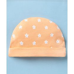 Babyhug 100% Cotton Interlock Knit Cap, Mitten & Booties with Floral Print Light Orange - Diameter 15 cm