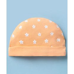 Babyhug 100% Cotton Interlock Knit Cap, Mitten & Booties with Floral Print Light Orange - Diameter 15 cm