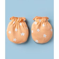 Babyhug 100% Cotton Interlock Knit Cap, Mitten & Booties with Floral Print Light Orange - Diameter 15 cm