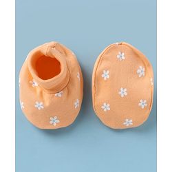 Babyhug 100% Cotton Interlock Knit Cap, Mitten & Booties with Floral Print Light Orange - Diameter 15 cm