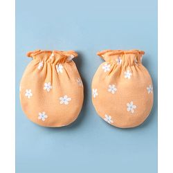 Babyhug 100% Cotton Interlock Knit Cap, Mitten & Booties with Floral Print Light Orange - Diameter 15 cm