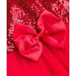 Babyhug Woven Solid Puffed Sleeves Party Dress Sequin Detailing with Bow - Red