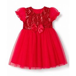 Babyhug Woven Solid Puffed Sleeves Party Dress Sequin Detailing with Bow - Red