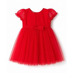 Babyhug Woven Solid Puffed Sleeves Party Dress Sequin Detailing with Bow - Red