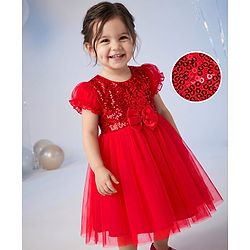 Babyhug Woven Solid Puffed Sleeves Party Dress Sequin Detailing with Bow - Red