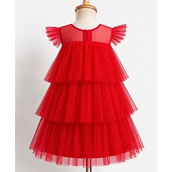 Babyhug Woven Solid Mesh Ruffles Sleeves Party Dress  - Red