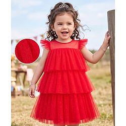 Babyhug Woven Solid Mesh Ruffles Sleeves Party Dress  - Red
