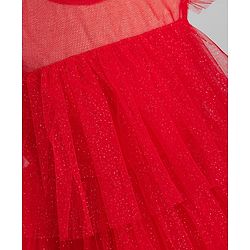 Babyhug Woven Solid Mesh Ruffles Sleeves Party Dress  - Red