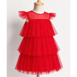 Babyhug Woven Solid Mesh Ruffles Sleeves Party Dress  - Red
