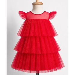 Babyhug Woven Solid Mesh Ruffles Sleeves Party Dress  - Red