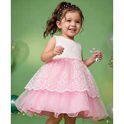 Babyhug Solid Mesh Woven Sleeveless Party Dress With Floral Embroidery -Pink