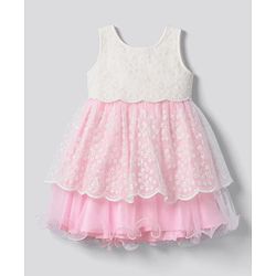Babyhug Solid Mesh Woven Sleeveless Party Dress With Floral Embroidery -Pink