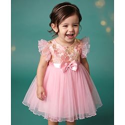 Babyhug Woven Frill Sleeves Brocade Yoke Party Dress with Bow Applique - Pink