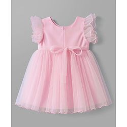 Babyhug Woven Frill Sleeves Brocade Yoke Party Dress with Bow Applique - Pink