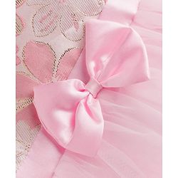 Babyhug Woven Frill Sleeves Brocade Yoke Party Dress with Bow Applique - Pink