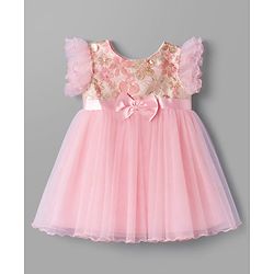 Babyhug Woven Frill Sleeves Brocade Yoke Party Dress with Bow Applique - Pink