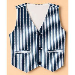 Babyhug Woven Full Sleeves Solid Shirt With Trouser & Striped Waistcoat Three Piece Party Suit With Bow - Navy Blue