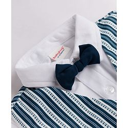 Babyhug Woven Full Sleeves Solid Shirt With Trouser & Striped Waistcoat Three Piece Party Suit With Bow - Navy Blue