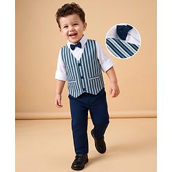 Babyhug Woven Full Sleeves Solid Shirt With Trouser & Striped Waistcoat Three Piece Party Suit With Bow - Navy Blue