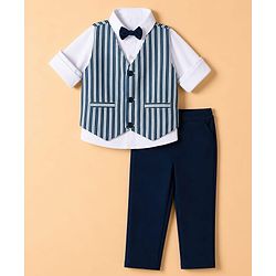 Babyhug Woven Full Sleeves Solid Shirt With Trouser & Striped Waistcoat Three Piece Party Suit With Bow - Navy Blue