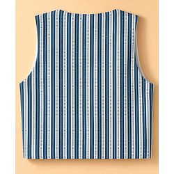 Babyhug Woven Full Sleeves Solid Shirt With Trouser & Striped Waistcoat Three Piece Party Suit With Bow - Navy Blue