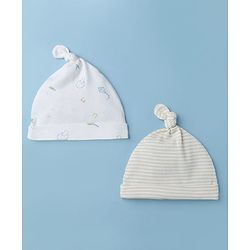 Babyhug 100% Cotton Interlock Knit Cap with Stripes & Alphabet Print Pack of 2 White & Khaki - Diameter 17 cm