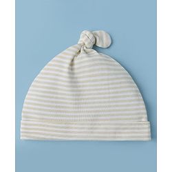 Babyhug 100% Cotton Interlock Knit Cap with Stripes & Alphabet Print Pack of 2 White & Khaki - Diameter 17 cm