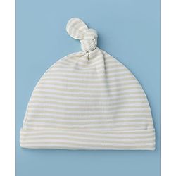 Babyhug 100% Cotton Interlock Knit Cap with Stripes & Alphabet Print Pack of 2 White & Khaki - Diameter 17 cm