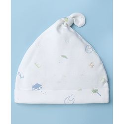 Babyhug 100% Cotton Interlock Knit Cap with Stripes & Alphabet Print Pack of 2 White & Khaki - Diameter 17 cm