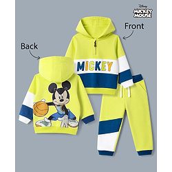 Babyhug Disney 100% Cotton Terry Knit Full Sleeves Hooded Sweatshirt and Joggers with Full Length and Mickey Print at Front & Back in Green