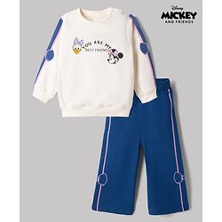 Babyhug Disney 100% Cotton Terry Knit Full Sleeves Sweatshirt and Pant with Front& Back Minnie Mouse & Daisy Duck Graphic Print - White & Blue