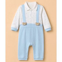 Babyhug 100% Cotton Interlock Knit Collared Full Sleeves Romper with Bear Applique and Star Print - Light Blue