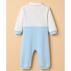 Babyhug 100% Cotton Interlock Knit Collared Full Sleeves Romper with Bear Applique and Star Print - Light Blue