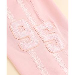Babyhug Cotton Looper Knit Full Length Lounge Pants with 95 Patch Print with Lace Details - Pink
