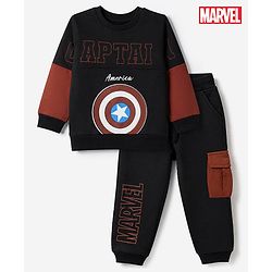 Babyhug Marvel 100% Cotton Terry Full Sleeves Sweatshirt and Joggers with Shield Print - Black