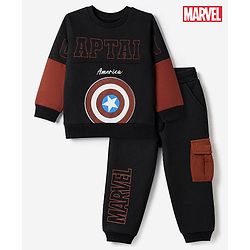 Babyhug Marvel 100% Cotton Terry Full Sleeves Sweatshirt and Joggers with Shield Print - Black