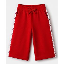 Babyhug Cotton Knit Jogger Fit Full Length Lounge Pant With Lace Detailing in Red