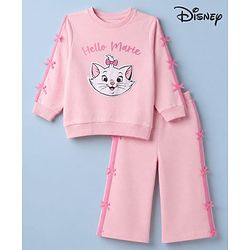 Babyhug Disney 100% Cotton Terry Knit Full Sleeves Sweatshirt and Joggers Set with Marie Graphic & Bow Applique in Pink