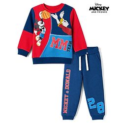 Babyhug Disney 100% Cotton Terry Knit Full Sleeves Sweatshirt and Joggers Set with Mickey Mouse Graphic in Red