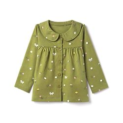 Babyhug 100% Cotton Knit Full Sleeves Front Open Shirt & Pyjama Night Suit Co-Ords Set With Floral Print - Green