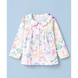 Babyhug 100% Cotton Knit Full Sleeves Co-Ords Top & Pyjama Night Suit with Bow Print - White