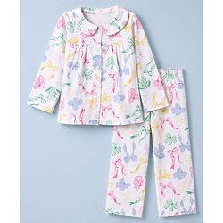 Babyhug 100% Cotton Knit Full Sleeves Co-Ords Top & Pyjama Night Suit with Bow Print - White