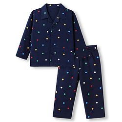Babyhug 100% Cotton Knit Full Sleeves Co-Ords Shirt & Pyjama Night Suit with Polka Dots Print - Navy Blue