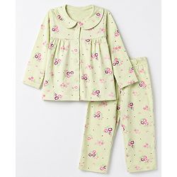 Babyhug 100% Cotton Knit Full Sleeves Co-Ords Top & Pyjama Night Suit with Floral Print - Light Green