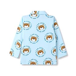 Babyhug 100% Cotton Knit Full Sleeves Front Open Shirt & Pyjama Night Suit Co-Ords Set With Bear & Text Print - Light Blue