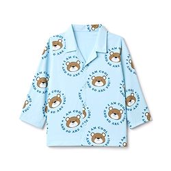 Babyhug 100% Cotton Knit Full Sleeves Front Open Shirt & Pyjama Night Suit Co-Ords Set With Bear & Text Print - Light Blue