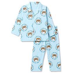 Babyhug 100% Cotton Knit Full Sleeves Front Open Shirt & Pyjama Night Suit Co-Ords Set With Bear & Text Print - Light Blue