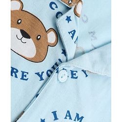 Babyhug 100% Cotton Knit Full Sleeves Front Open Shirt & Pyjama Night Suit Co-Ords Set With Bear & Text Print - Light Blue