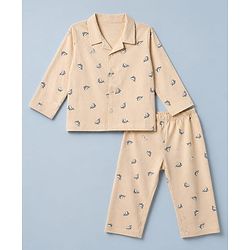Babyhug Cotton Knit Full Sleeves Co-Ords Shirt & Pyjama Night Suit with Dolphin Print - Peach